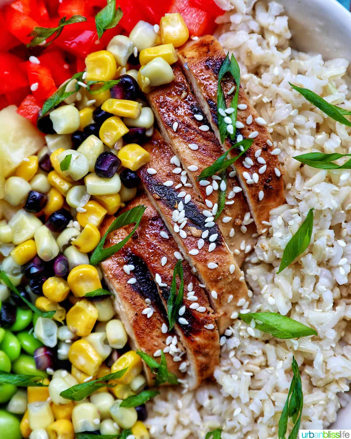 chicken teriyaki donburi bowl with brown rice, teriyaki chicken, corn, edamame, pineapple, red pepper.