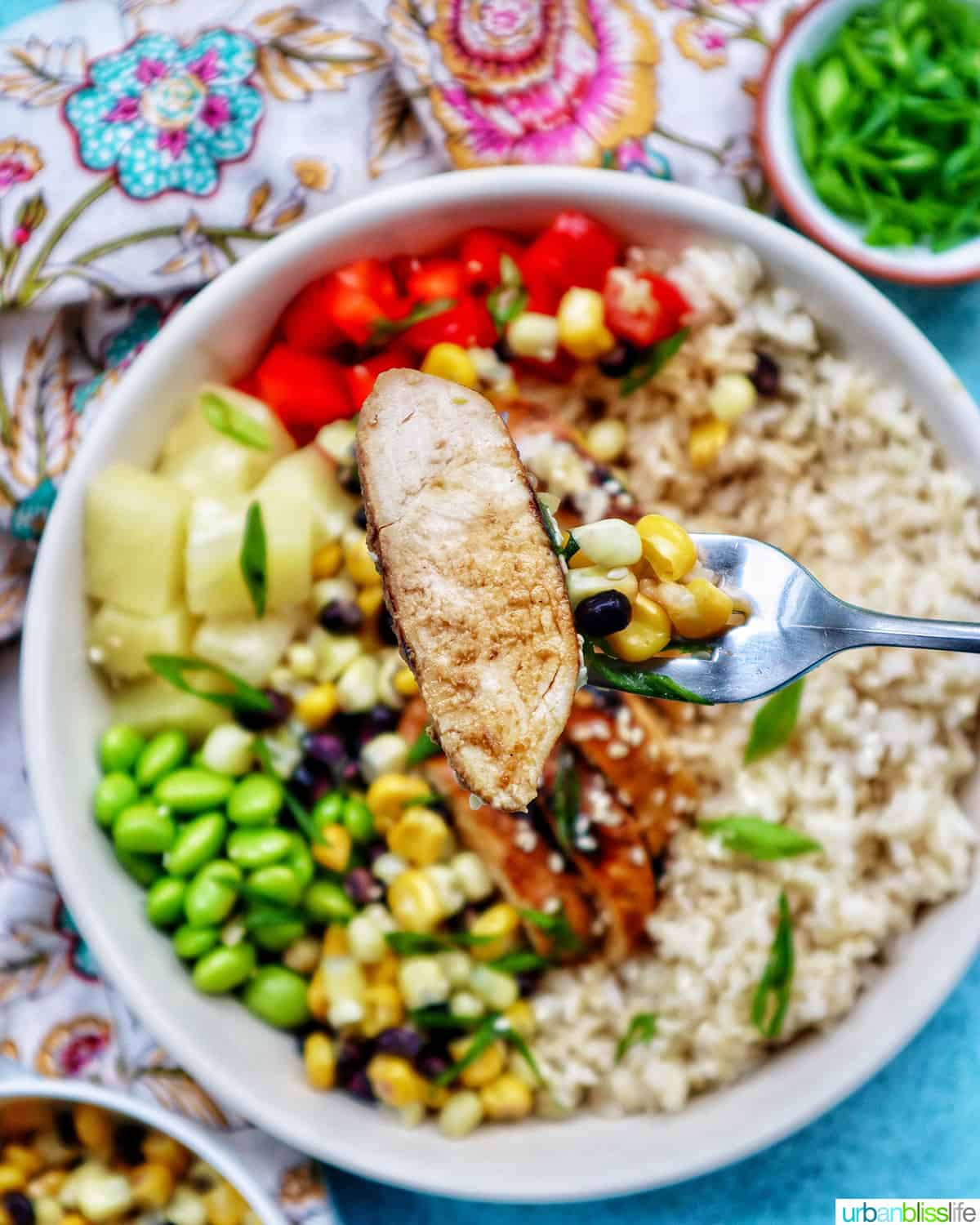 chicken teriyaki donburi bowl with brown rice, teriyaki chicken, corn, edamame, pineapple, red pepper.