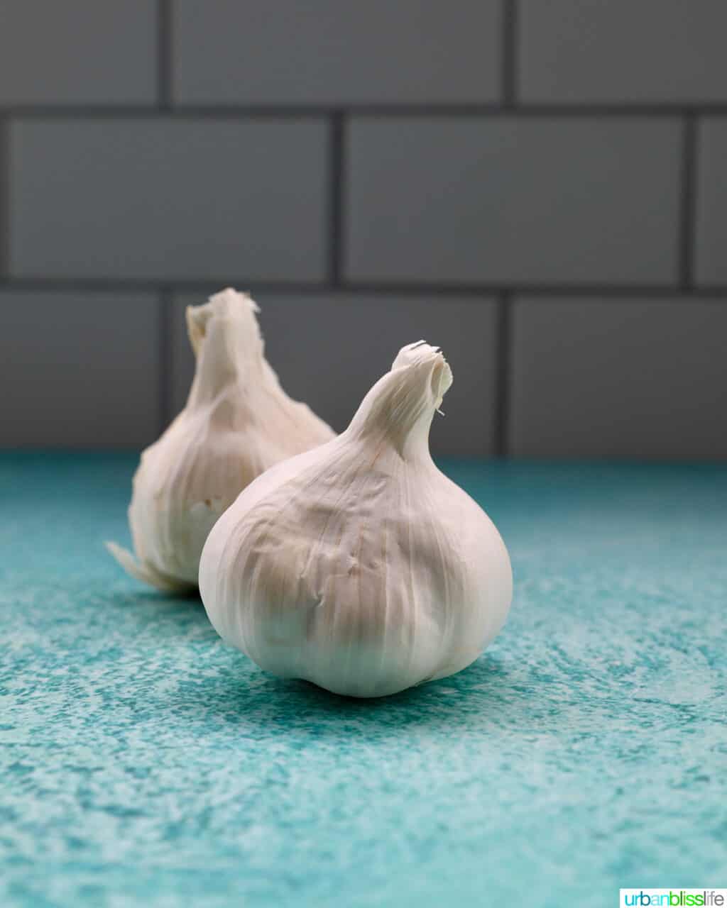 two garlic bulbs on a blue table with white tile background.