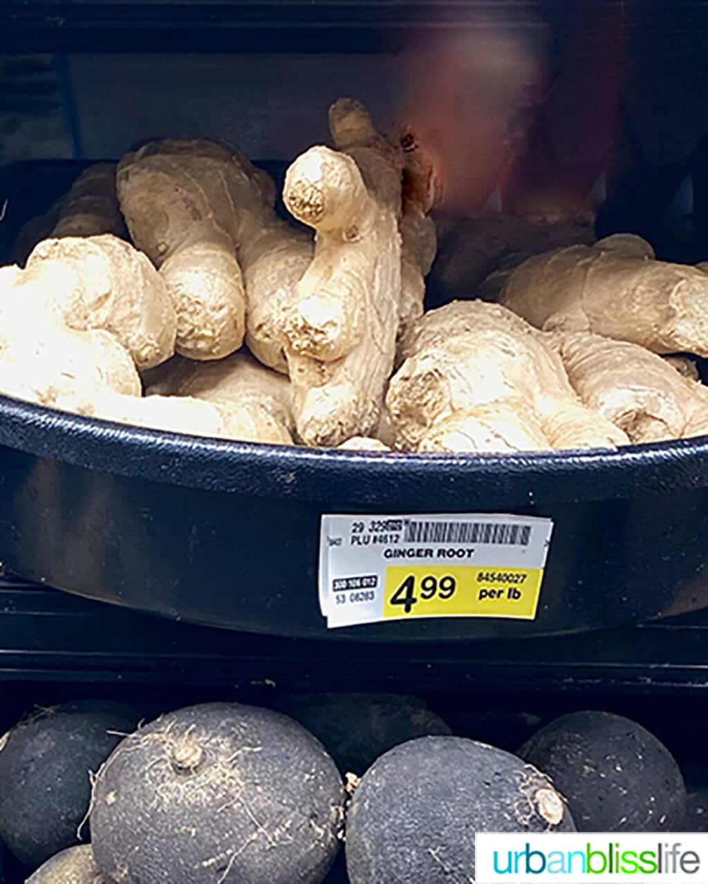 ginger root in a grocery store bin.