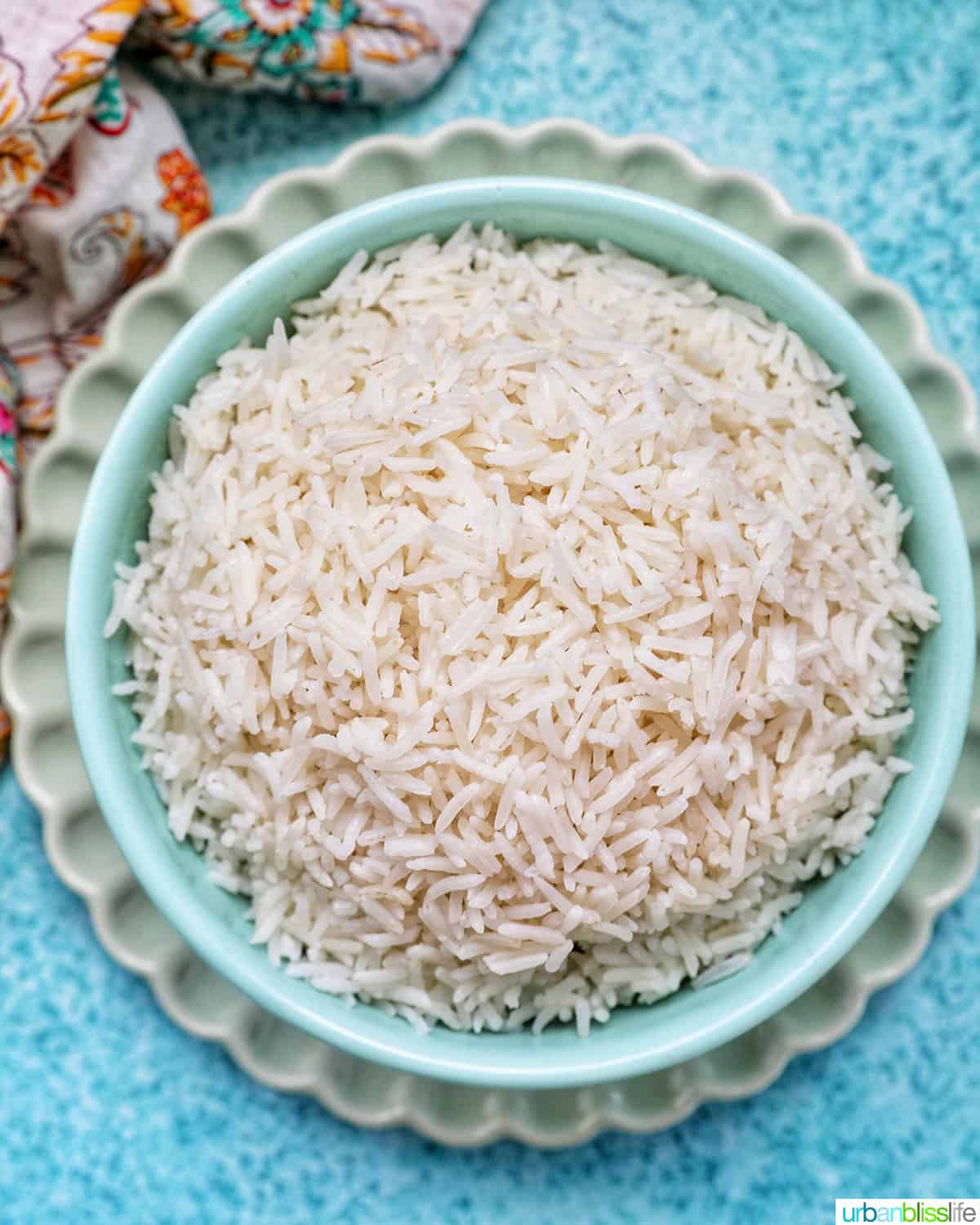 white basmati rice in a blue bowl on green plate.