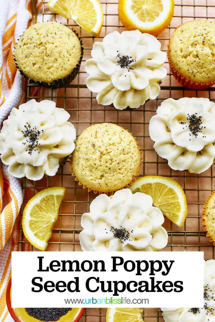 Lemon poppyseed cupcakes undecorated next to cupcakes with buttercream frosting flower decorations next to lemon slices.