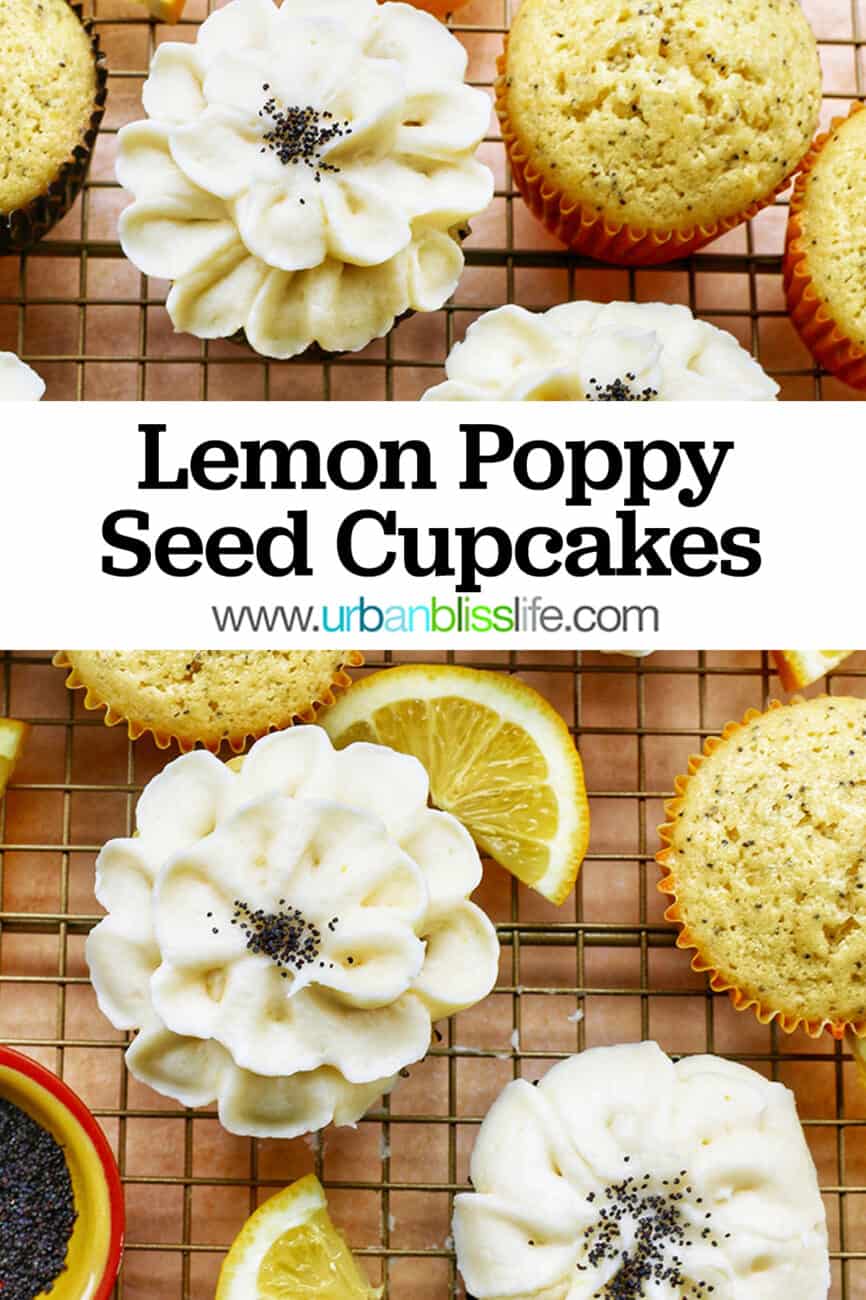 Lemon poppyseed cupcakes undecorated next to cupcakes with buttercream frosting flower decorations next to lemon slices.
