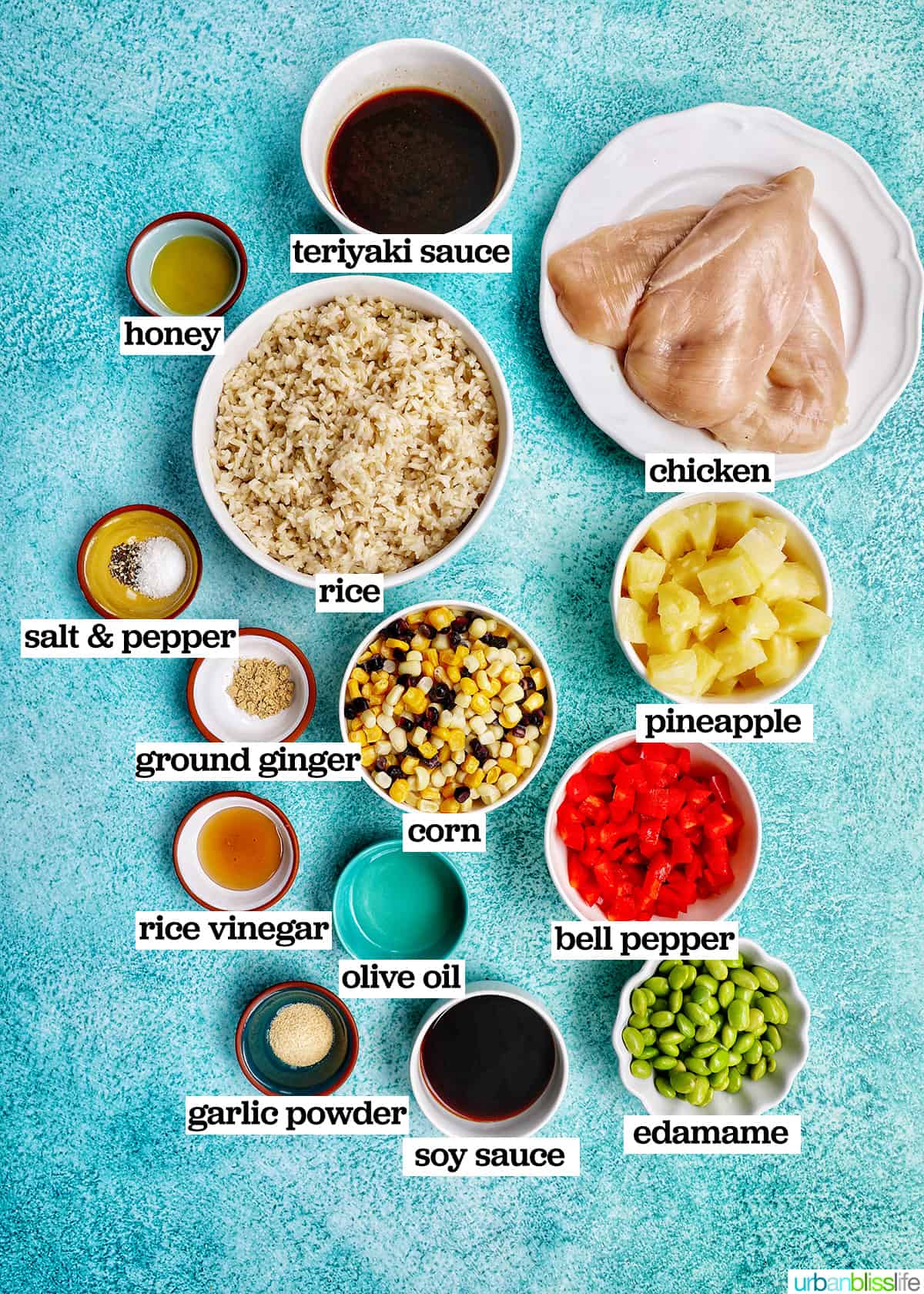 bowls of ingredients to make chicken teriyaki donburi rice bowls on a bright blue background.