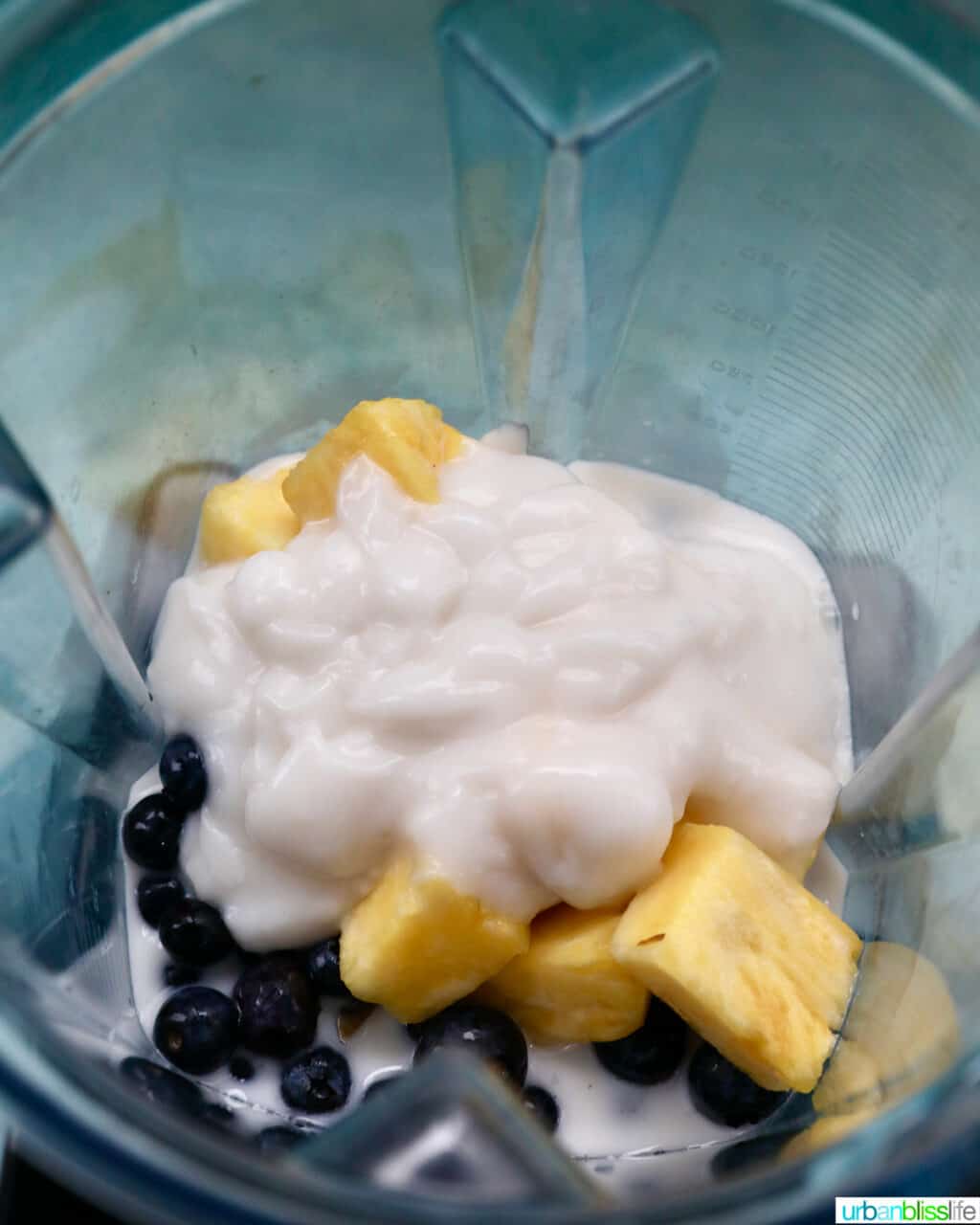 yogurt, pineapple chunks and blueberries in a Vitamix blender.