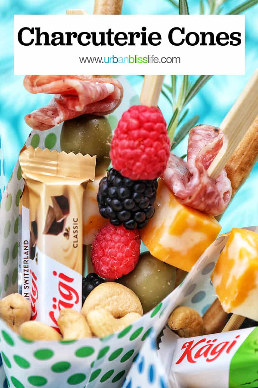 Charcuterie cones with fruit, cheeses, breadsticks, nuts, chocolate, herbs in paper cones with title text that reads "Charcuterie Cones."