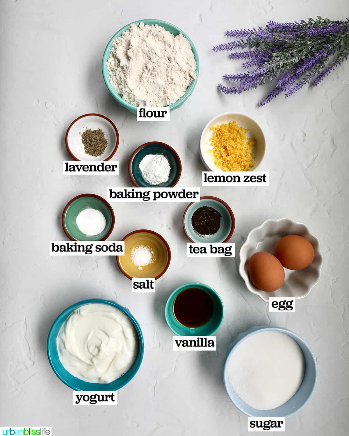 bowls of ingredients to make earl grey lavender cake.