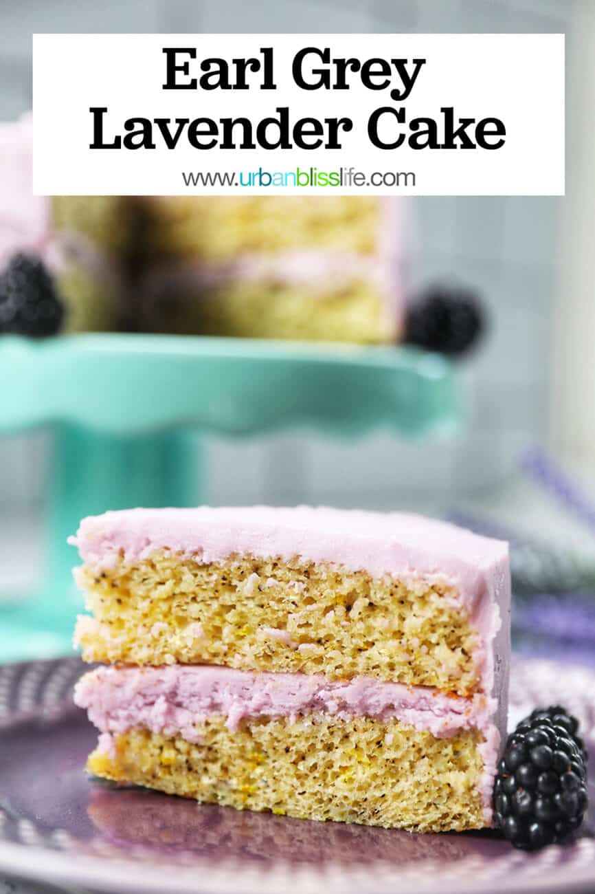slice of earl grey lavender cake on a purple plate with blackberries.