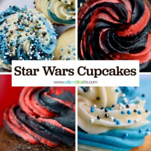 photos of R2D2 white and blue cupcakes and Darth Vader red and black cupcakes with title text that reads "Star Wars Cupcakes."
