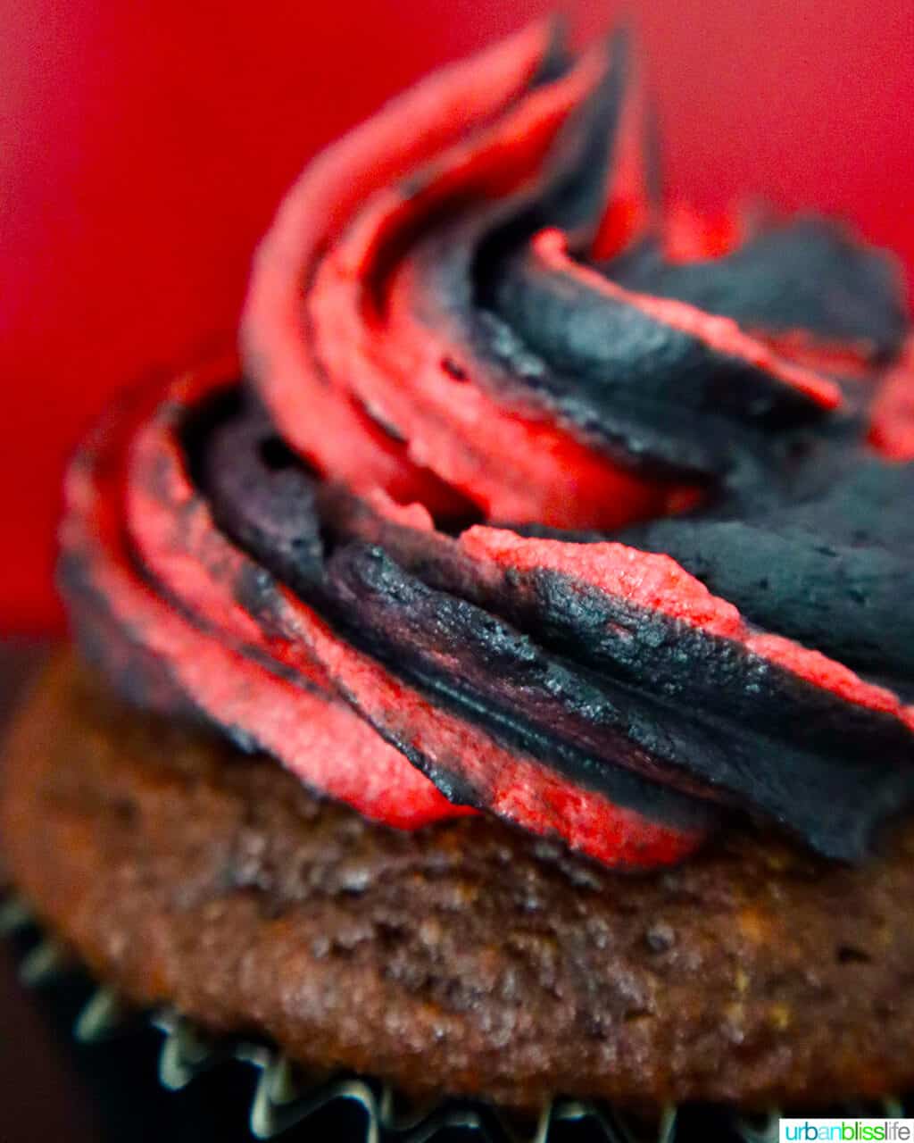 Darth Vader red and black frosted Devil's Food cupcakes.