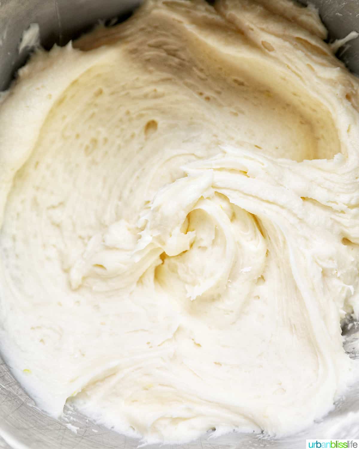 buttercream frosting in a stand mixer bowl.