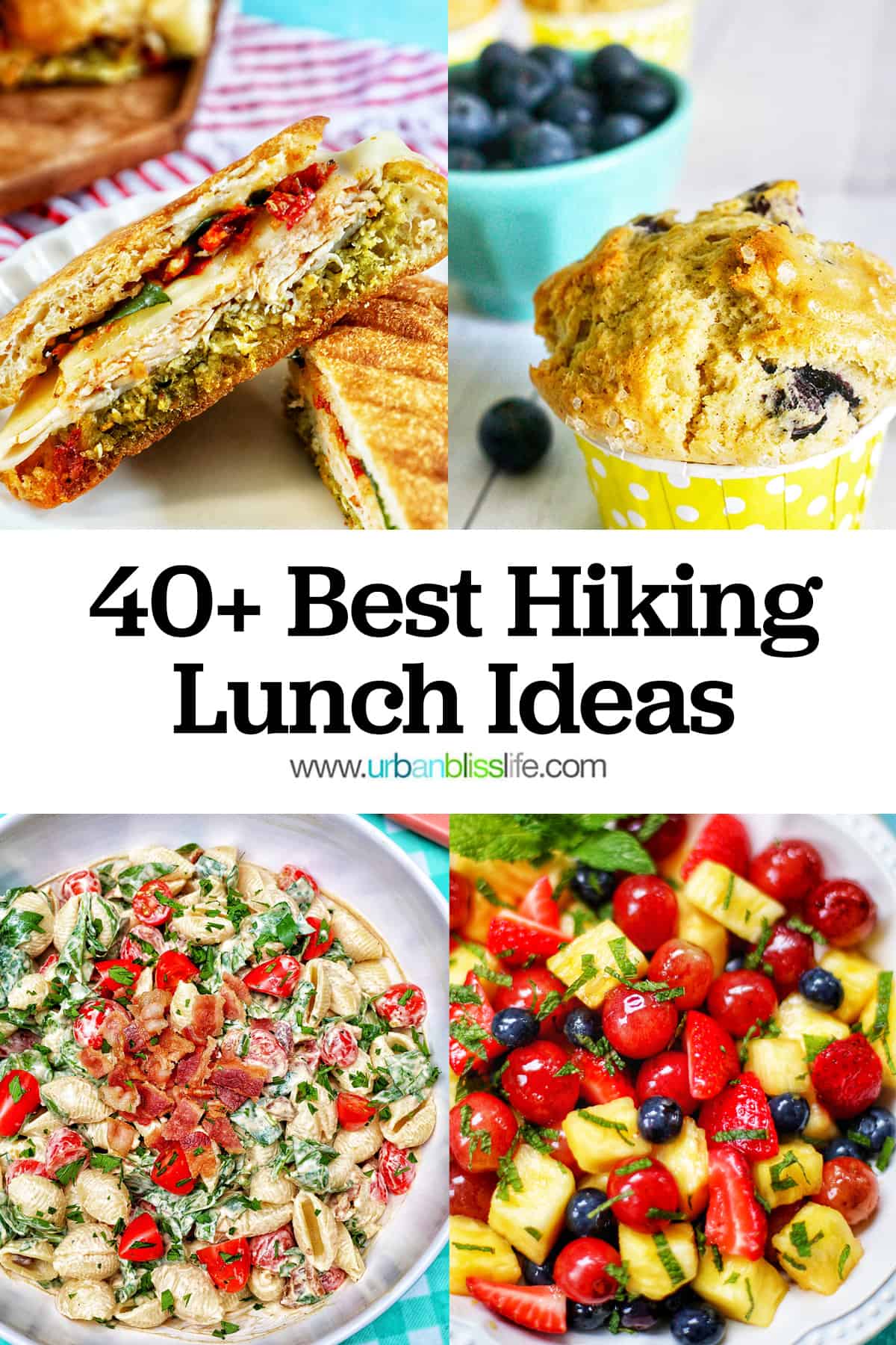 fruit salad, blt pasta salad, blueberry muffins. turkey pesto sandwich and title text that reads "40+ Best Hiking Lunch Ideas."