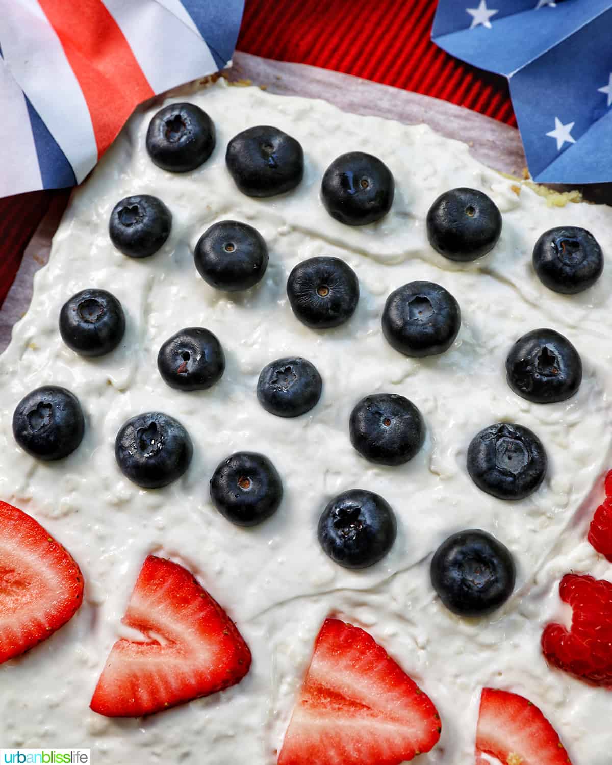 4th of July Fruit Pizza with blueberries, strawberries, raspberries