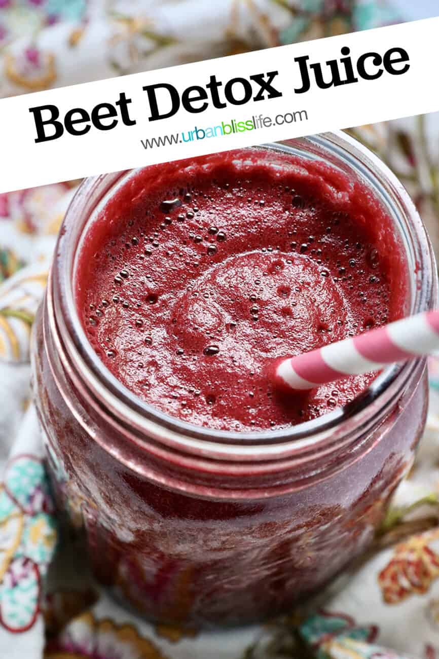 mason jar with red beet juice and title text that reads "Beet Detox Juice."