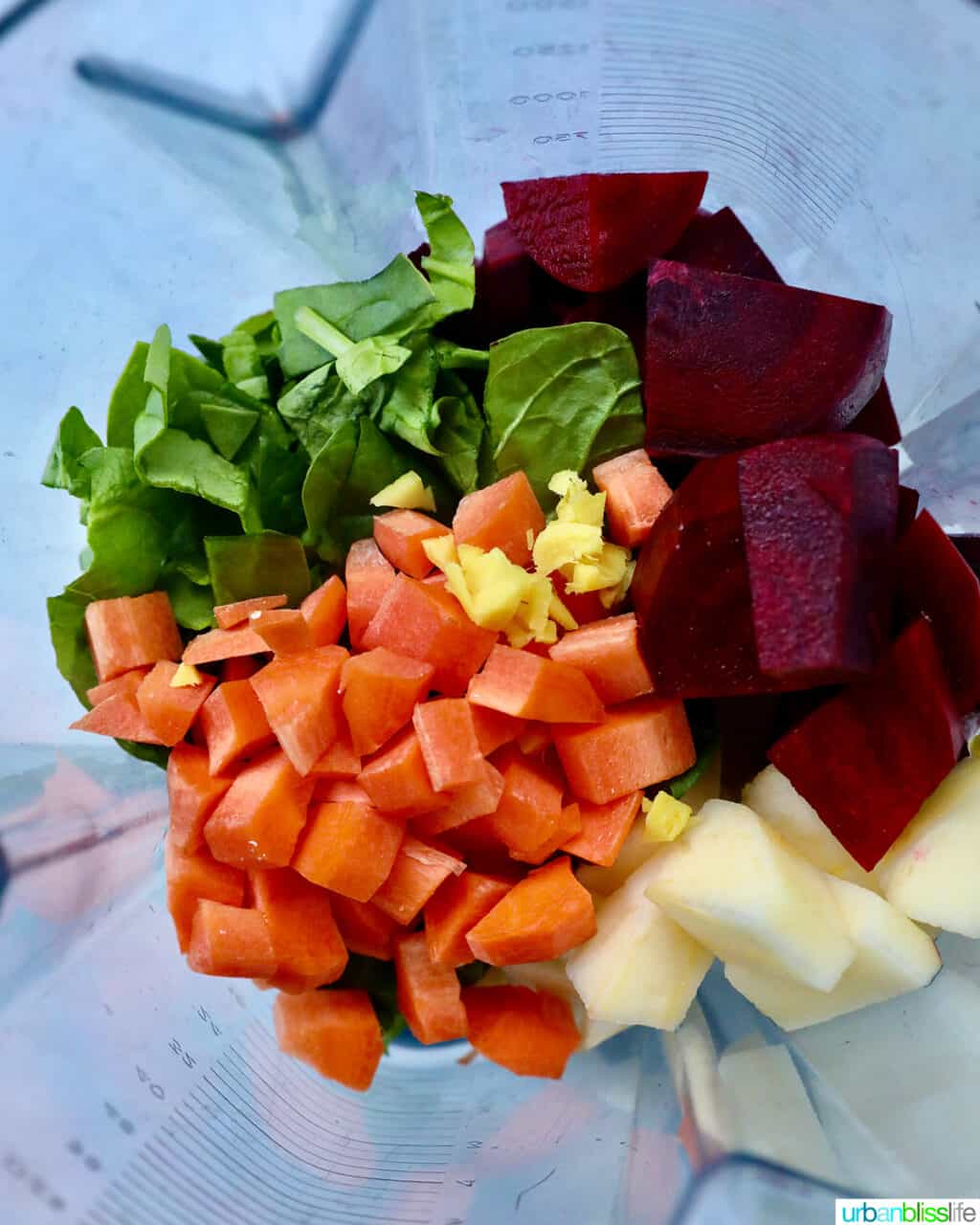 beets, carrots, spinach, apples, ginger in a blender.