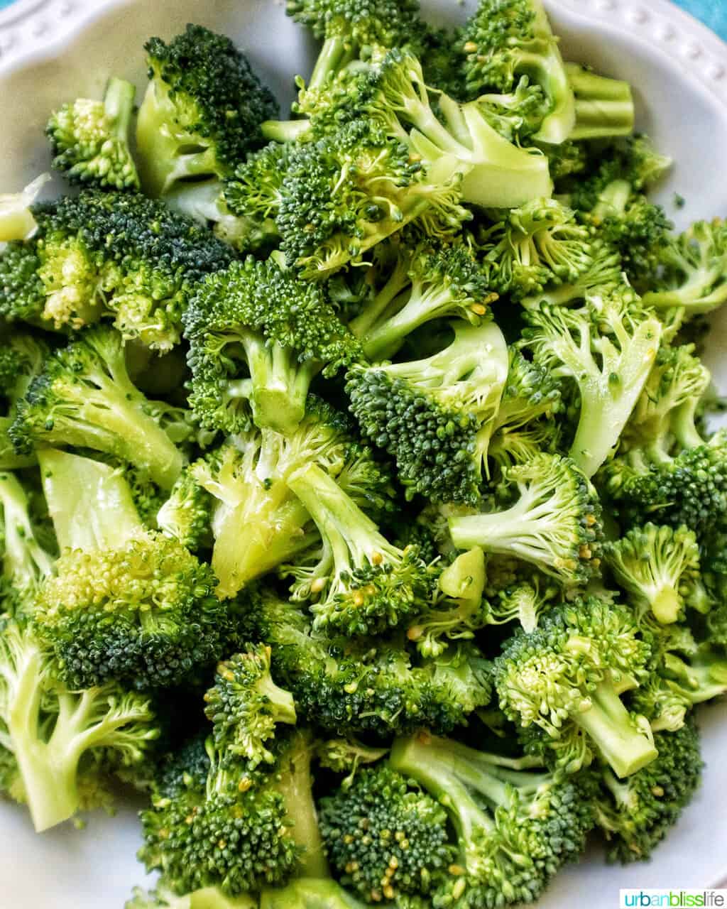 white bowl with chopped green broccoli florets.