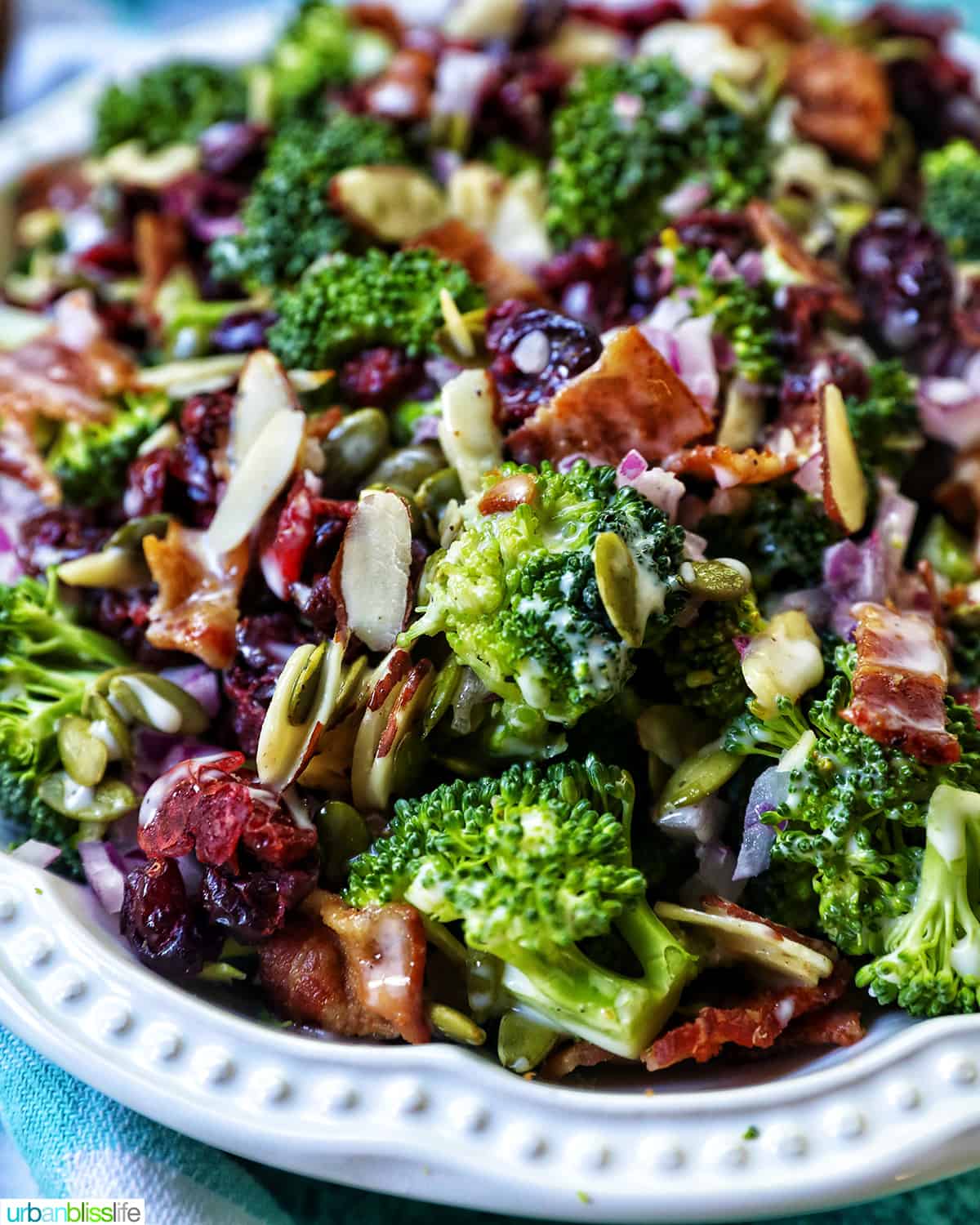 closeup of broccoli crunch salad in a white bowl.