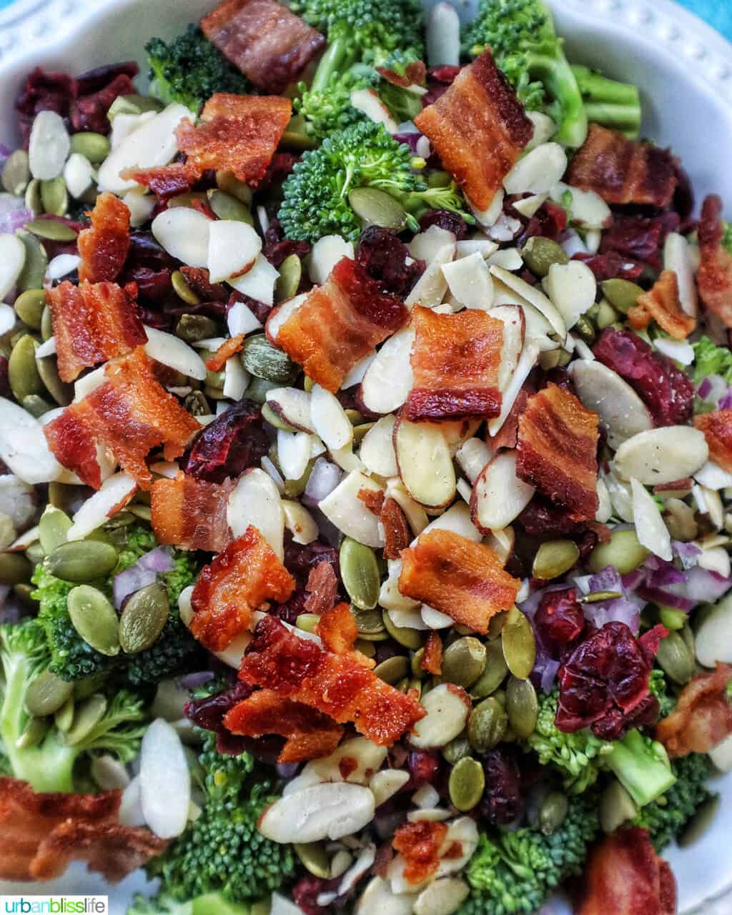 chopped bacon on top of broccoli crunch salad.