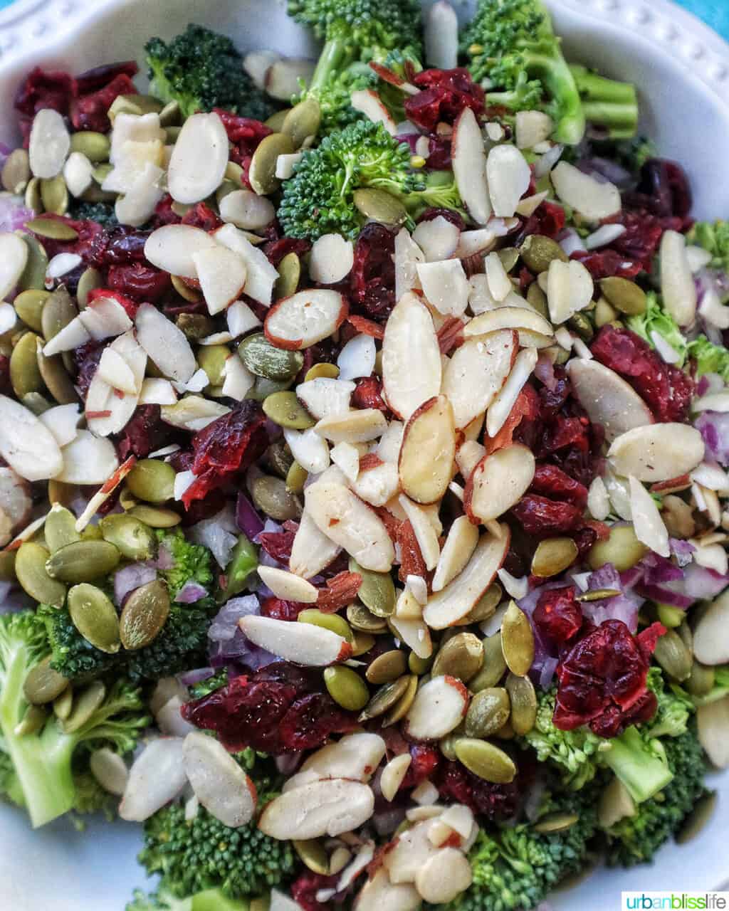sliced almonds on top of on top of broccoli crunch salad.