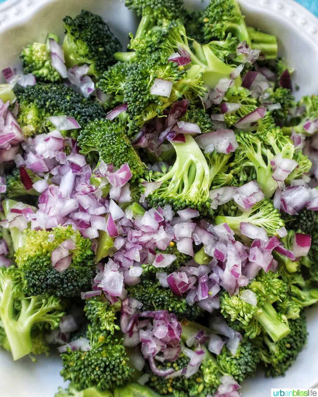 red onions on top of broccoli.
