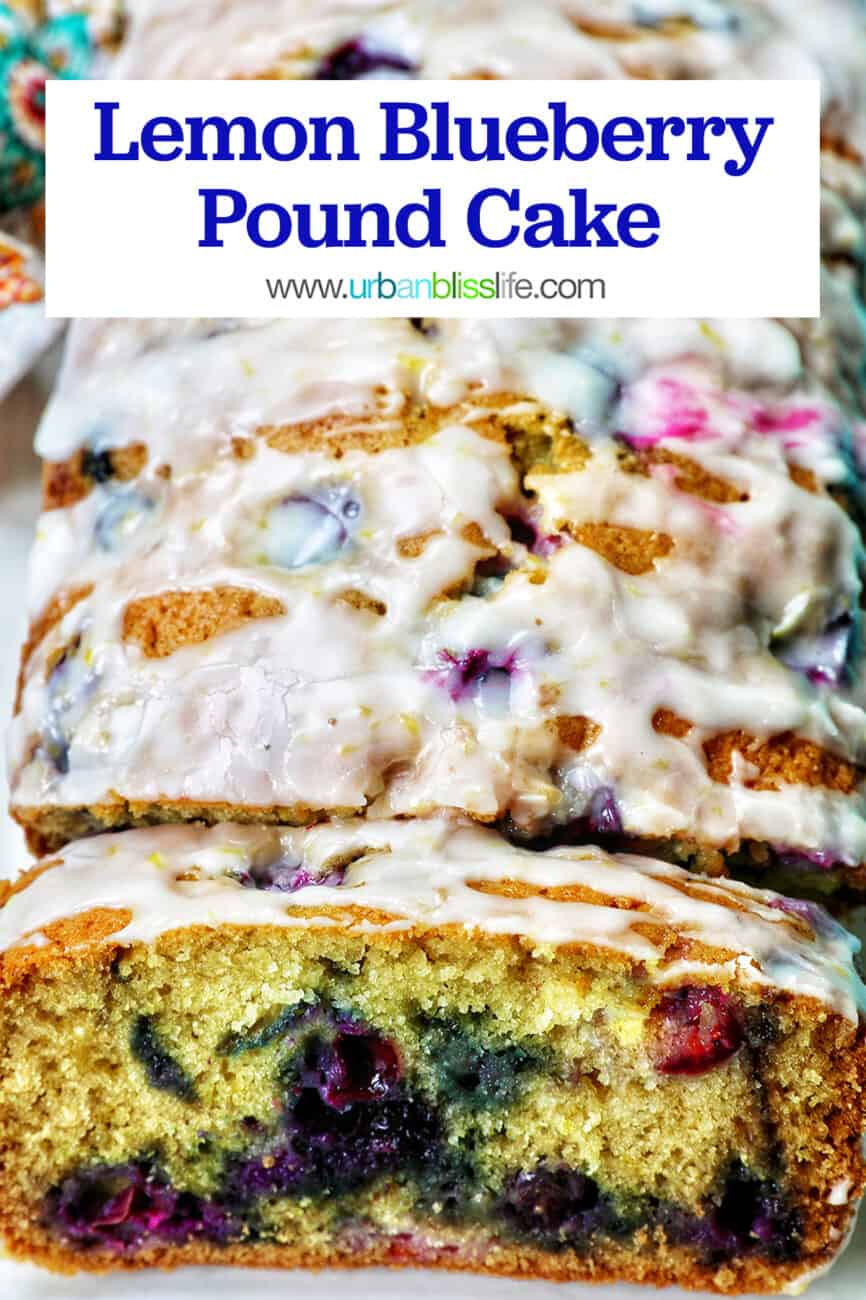 lemon blueberry pound cake with icing with text overlay.