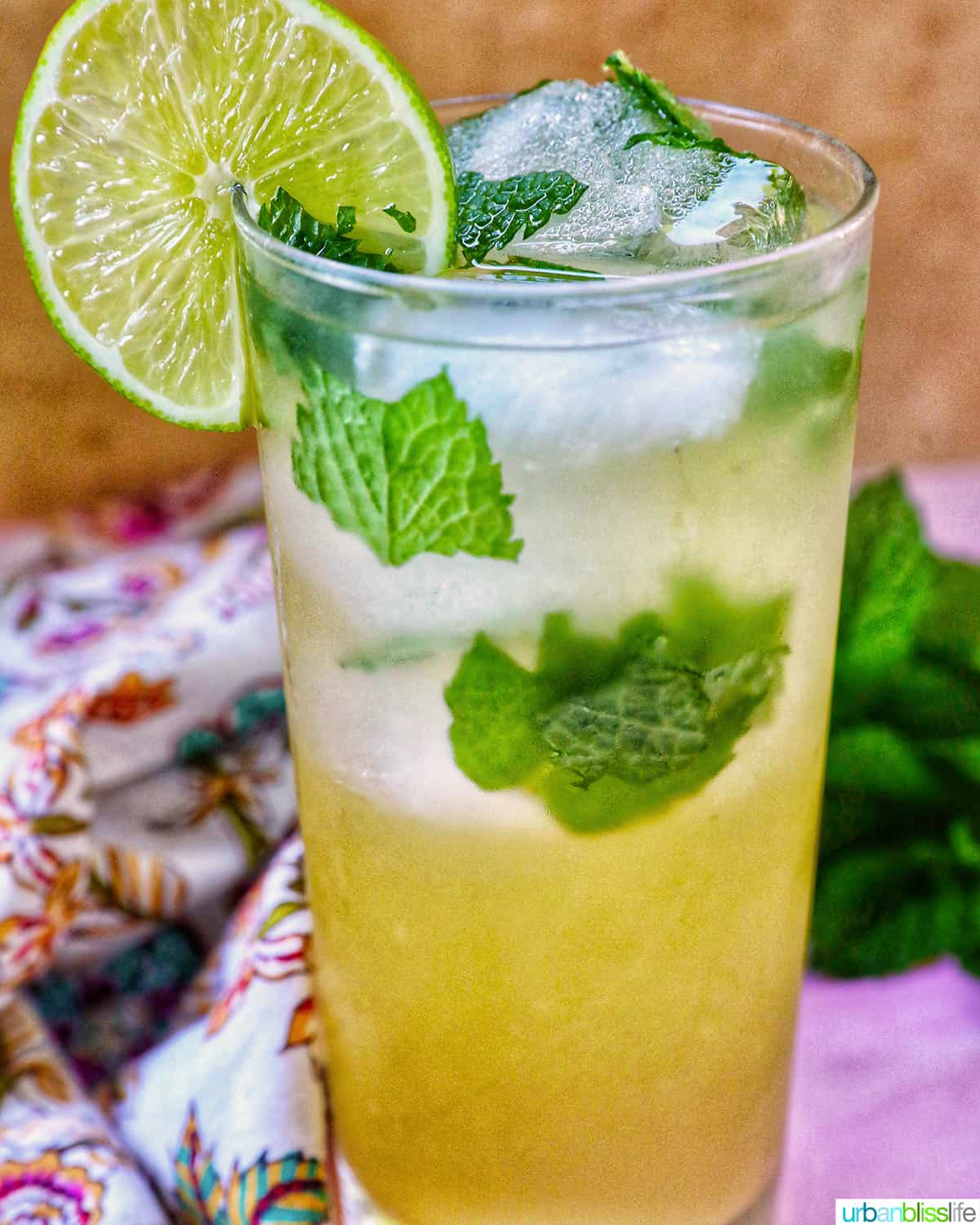 glass of Mango mojito with mint leaves, ice cubes, and a lime slice garnish.