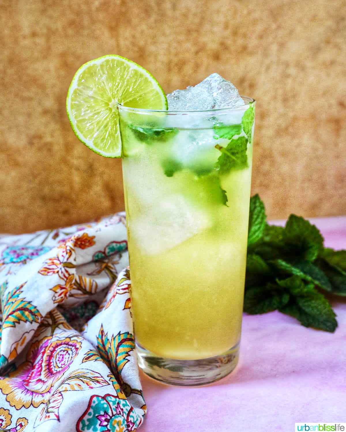 glass of Mango mojito with mint leaves, ice cubes, and a lime slice garnish.