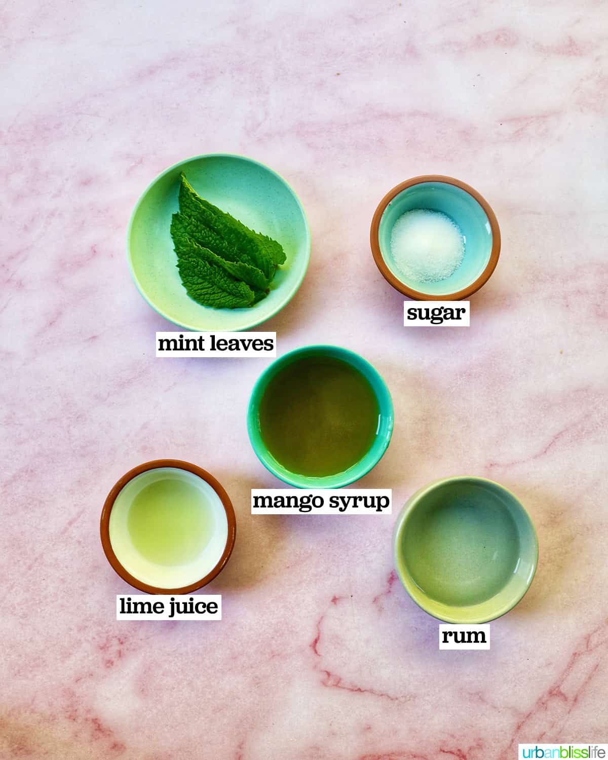 bowls of ingredients to make a mango mojito.