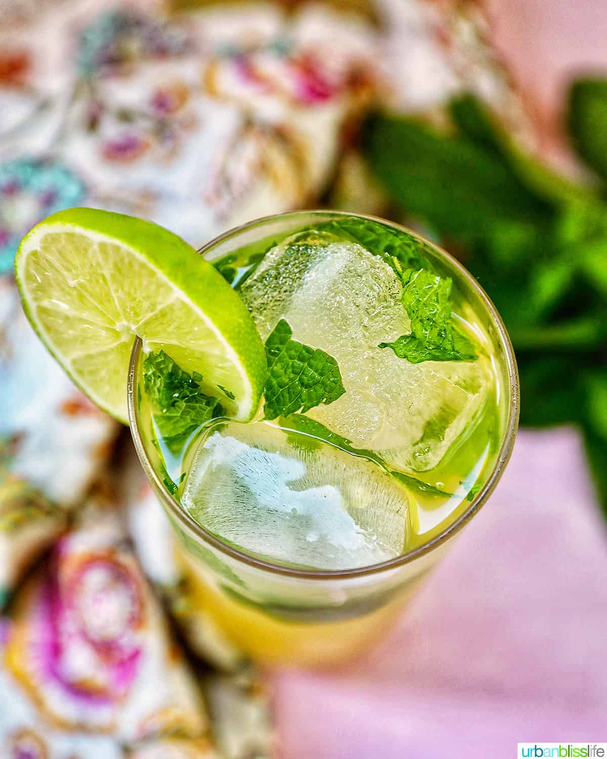 overhead photo of Mango mojito with mint leaves, ice cubes, and a lime slice garnish.