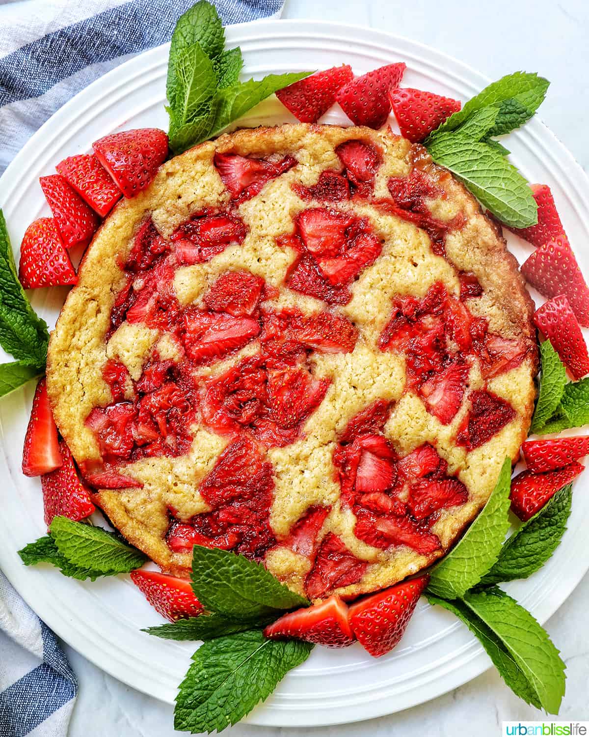 Strawberry Spoon Cake with mint leaves and sliced strawberries as garnish on a white plate.