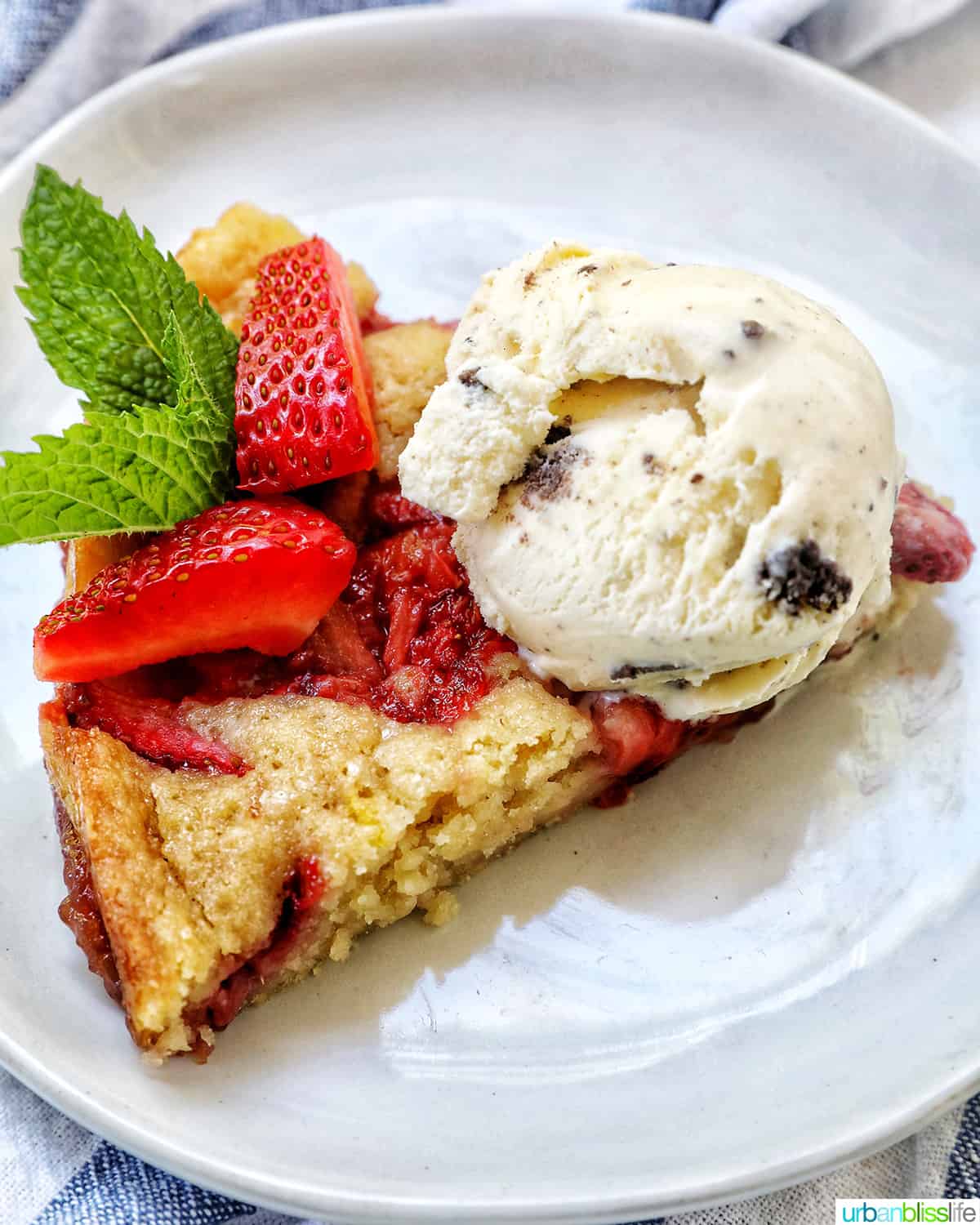 slice of Strawberry Spoon Cake on a white plate topped with chocolate chip ice cream.