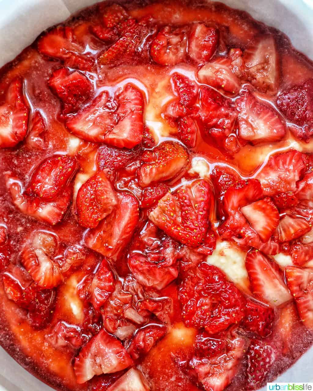 Strawberry Spoon Cake in a pan ready to bake.