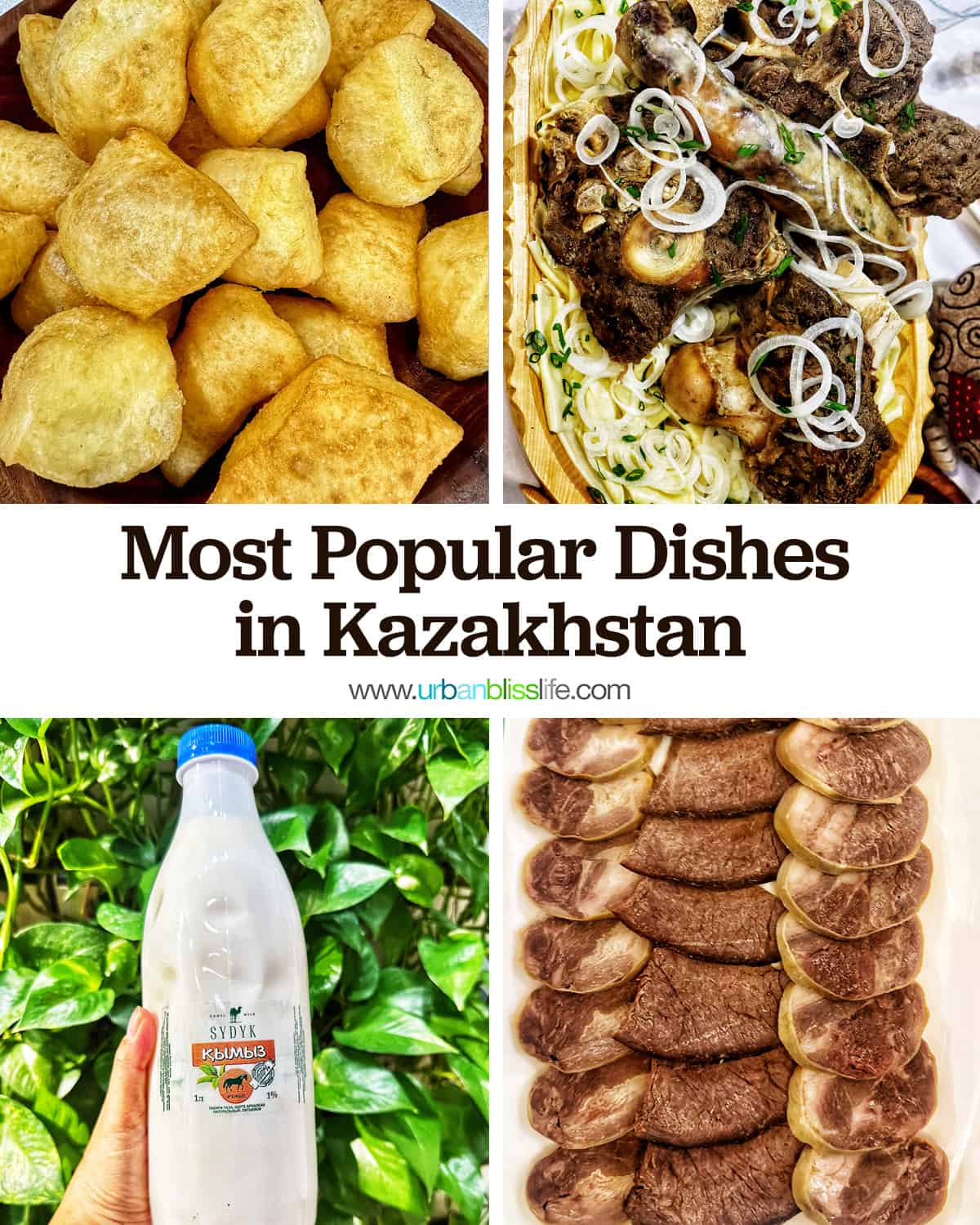 photos of baursak, beshbarmak, camel's milk, and kazy horse meat sausage with title text that reads "Most Popular Dishes in Kazakhstan."