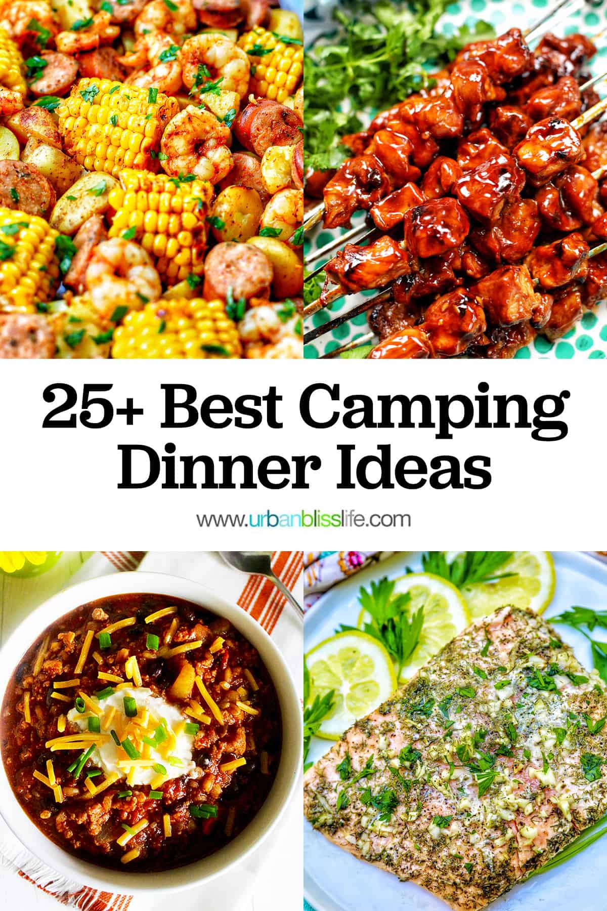 seafood boil foil packets, filipino pork BBQ skewers, dutch oven chili, and grilled salmon with title text that reads "25+ Best Camping Dinner Ideas."