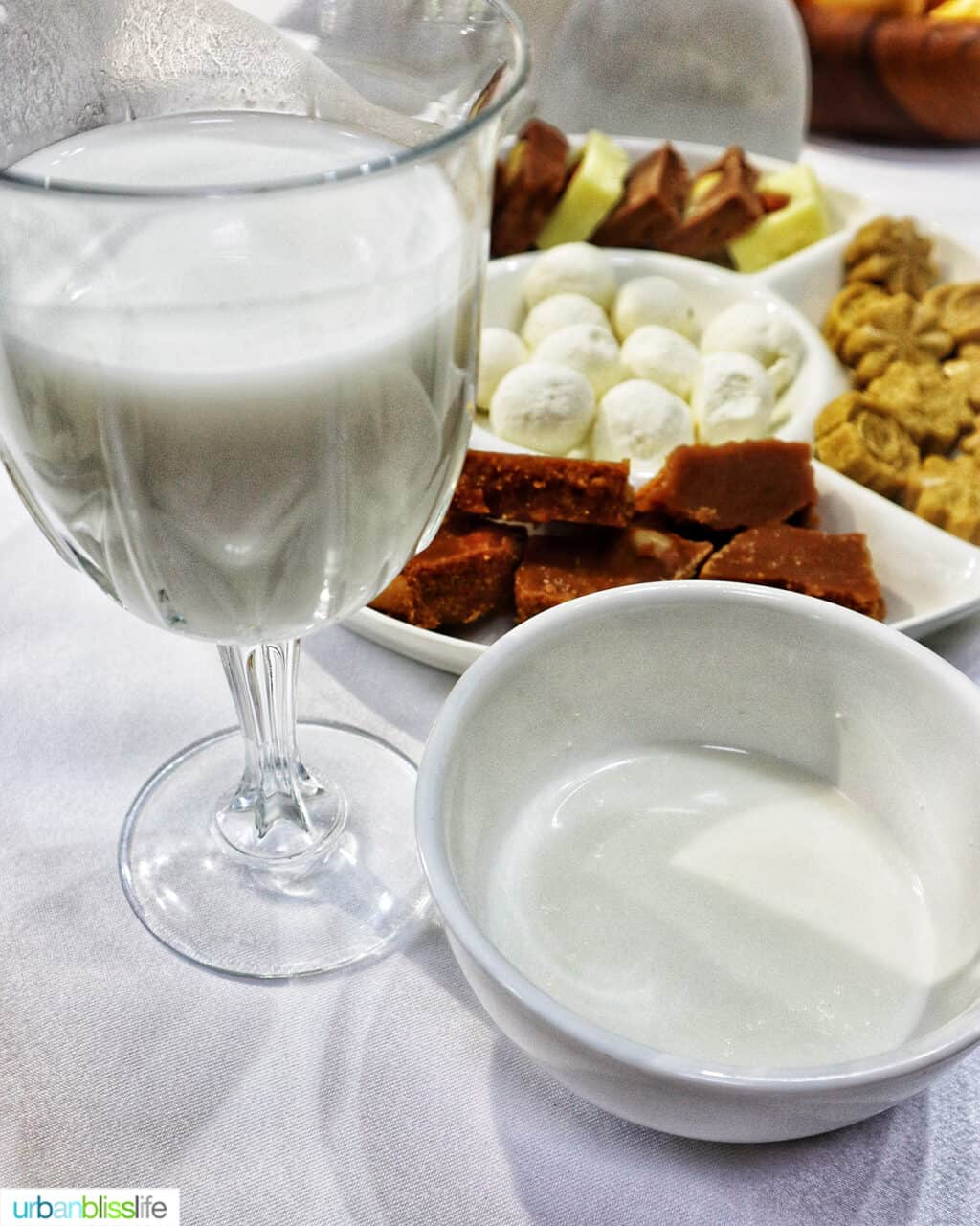 glasses of camel's milk and mare's milk  in Almaty, Kazakhstan.