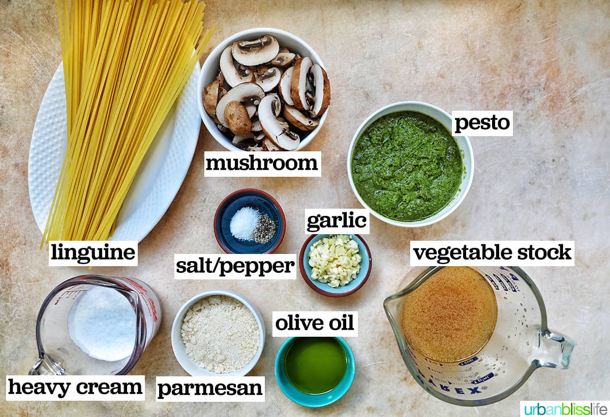 bowls of ingredients to make mushroom pesto pasta.