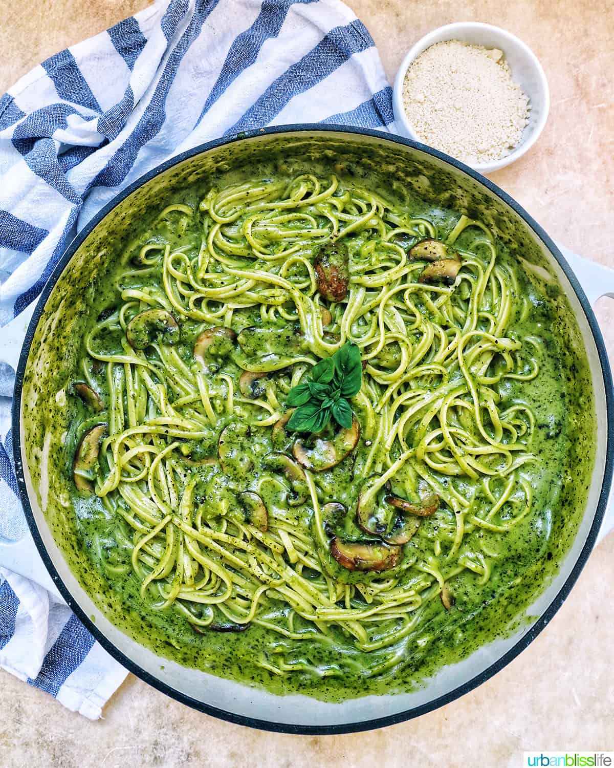 mushroom pesto pasta in a large pan.