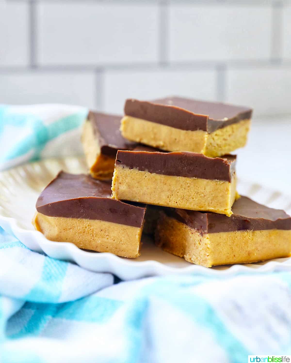 stack of No Bake Peanut Butter Chocolate Bars.