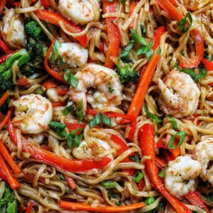 bowl of prawn chow mein noodles.