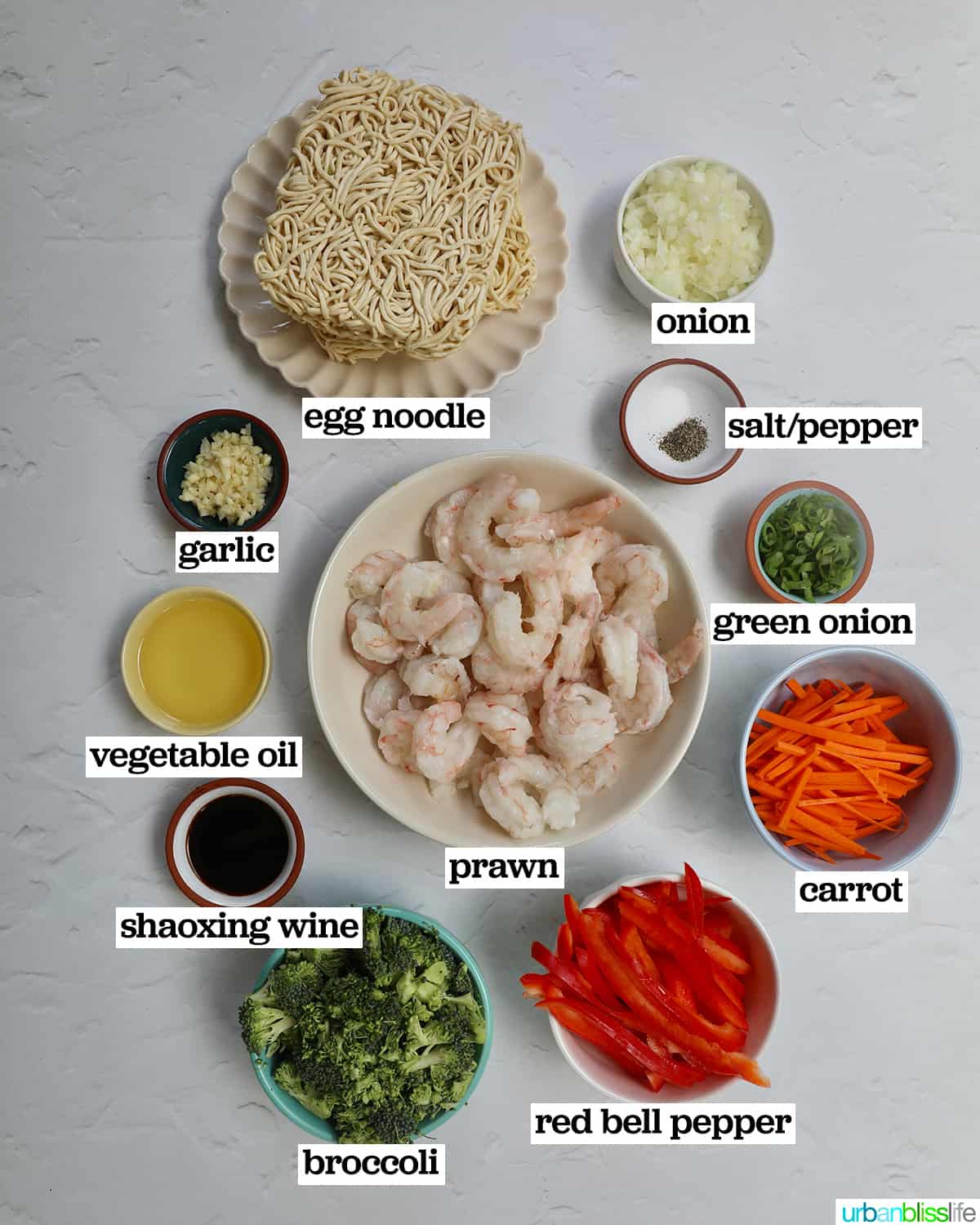 bowls of ingredients to make prawn chow mein.