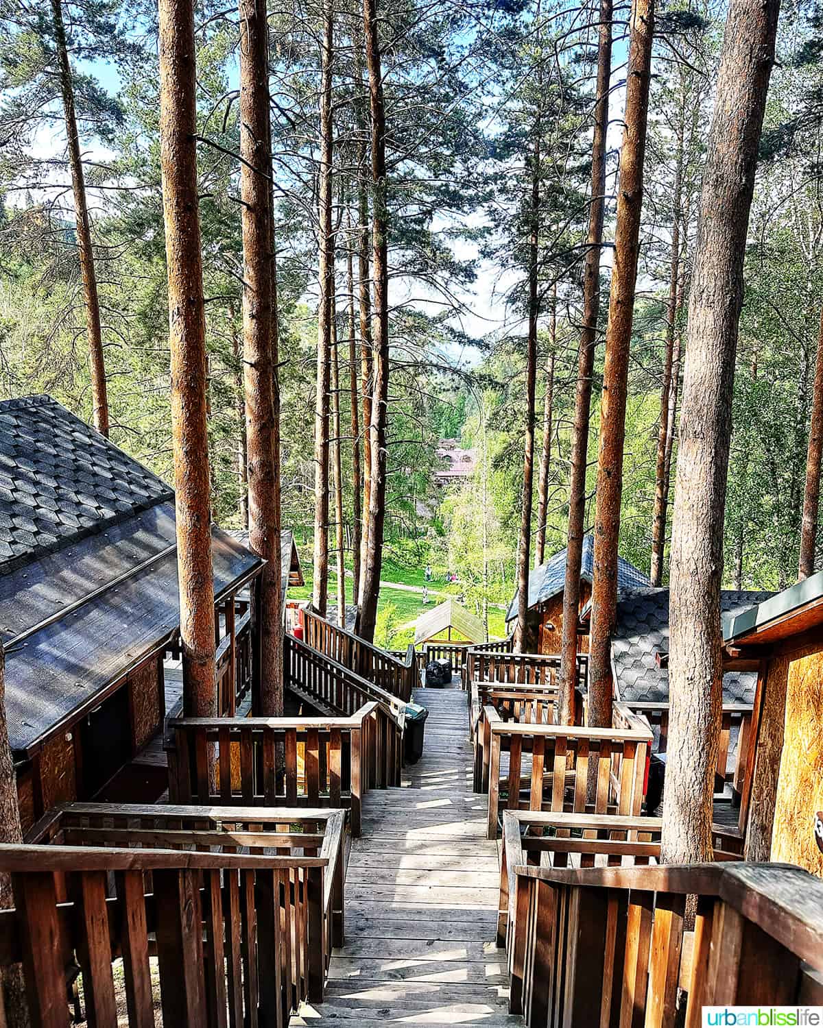 Tree Village stairs and treehouses in the forest at Oi Qaragai Resort outside of Almaty, Kazakhstan.