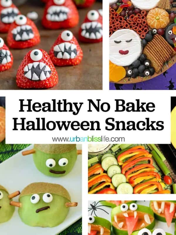 several different healthy no bake Halloween snacks in a photo collage with title text.