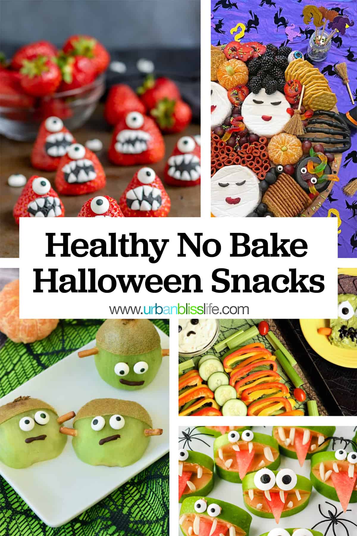 several different healthy no bake Halloween snacks in a photo collage with title text.
