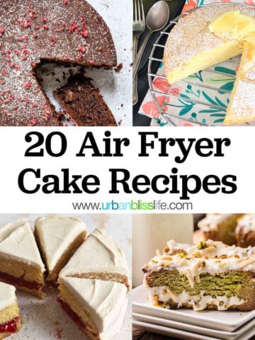 chocolate cake lemon cake, raspberry cake, and matcha cake with title text that reads "20 Air Fryer Cake Recipes."