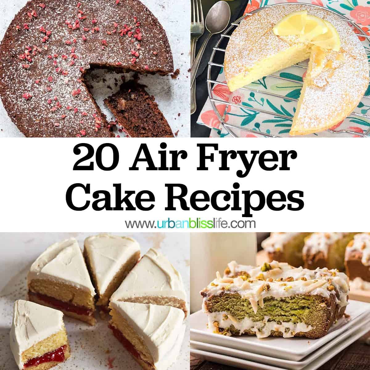 chocolate cake lemon cake, raspberry cake, and matcha cake with title text that reads "20 Air Fryer Cake Recipes."