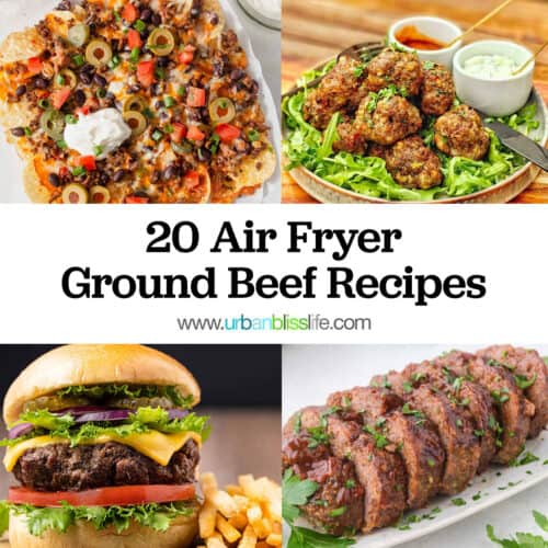 Air fryer nachos, air fryer meatballs air fryer hamburger, air fryer meatloaf with title text that reads "20 Air Fryer Ground Beef Recipes."