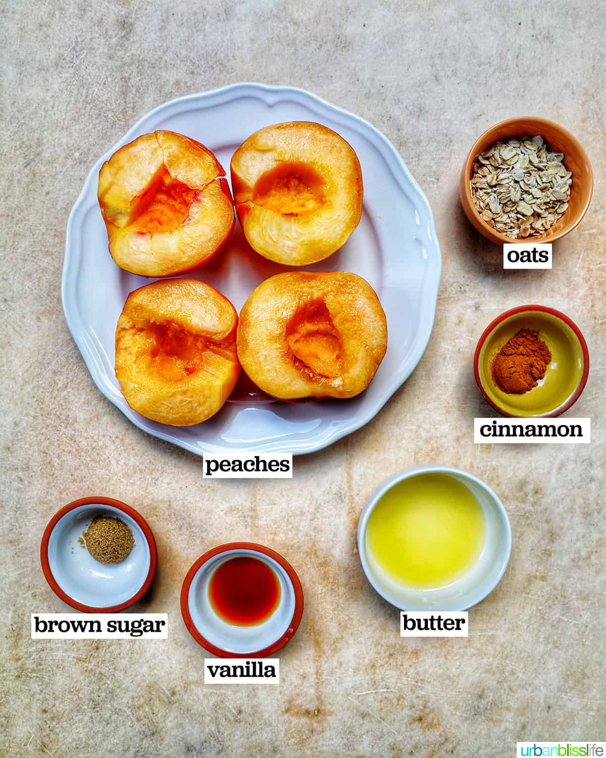 bowls of ingredients to make air fryer peaches.