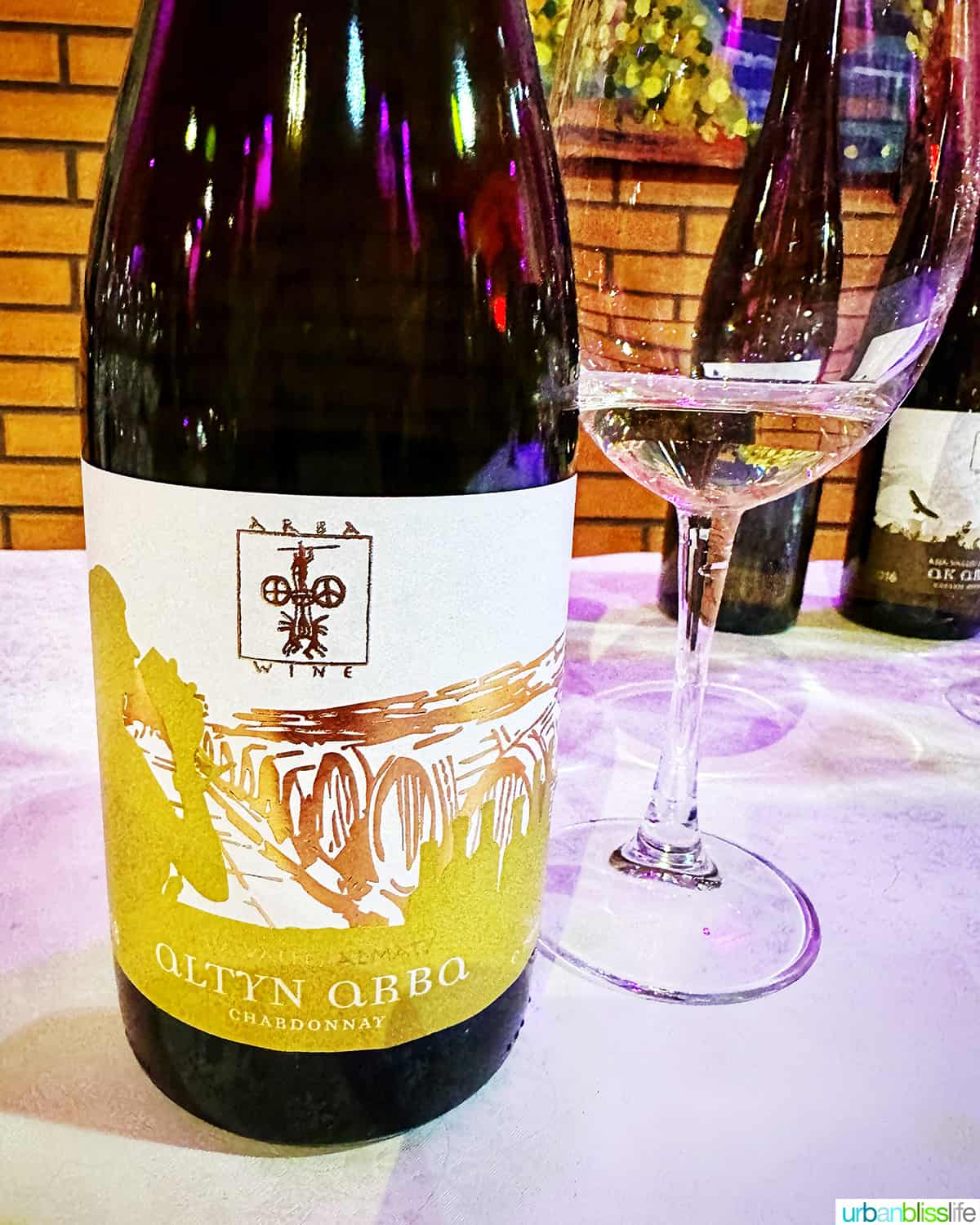 a bottle of white Kazakhstan wine at Arba winery.