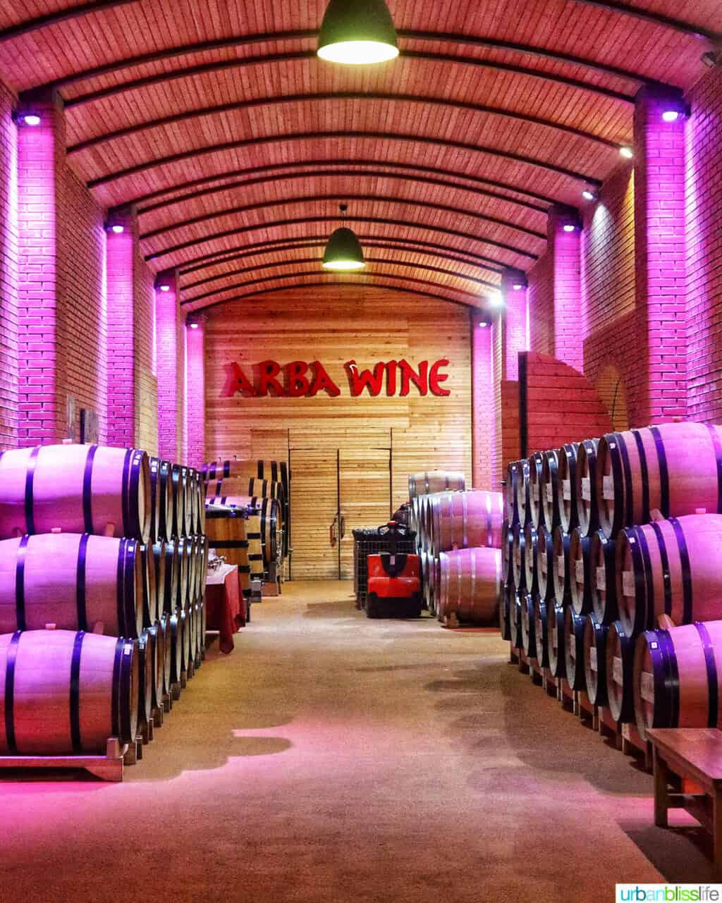 Wine barrels in the hallway of Arba Winery in Kazakhstan.