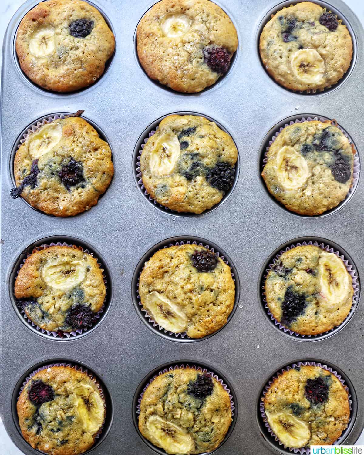 banana blackberry oatmeal muffins baked in muffin tin.